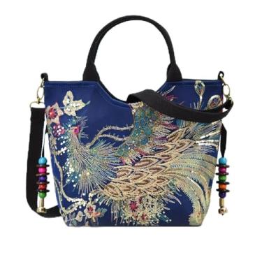 Imagem de Bolsa de Ombro Feminina Pavão Bordado Lantejoulas Brilhantes Tote Lona com Cintos Ajustáveis Transversal Moda Vintage Ocasiões Versáteis