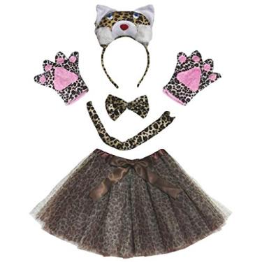 Imagem de Petitebella Cutie Leopardo Faixa de Cabelo com Laço Traseira Luvas Tutu 5 Peças Fantasia Feminina 1-8 anos (Marrom, 1-4 anos)