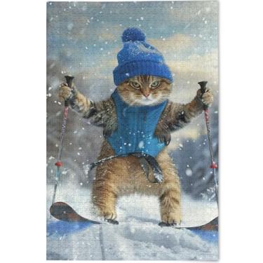 Imagem de Quebra-cabeças engraçados para esquiar gato fofo personalizado 1000 peças adulto arte engraçada quebra-cabeças duros arte brinquedo pintura, 75 cm x 50 cm