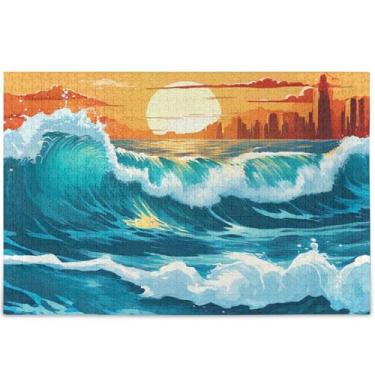 Imagem de Quebra-cabeça de onda do mar para adultos, jogo de 500 peças, engraçado, personalizado, exclusivo para adultos, decoração de arte, pintura, 52 x 37,8 cm