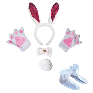 Imagem de Petitebella Tiara de orelha de coelho com laço e luvas de cauda, 5 peças, fantasia 1-5 anos (branco/rosa choque, lantejoulas, tamanho único)