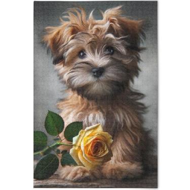 Imagem de Quebra-cabeça fofo de cachorro Terrier de 1000 peças para adultos, paisagem floral, para adultos, presentes tecnológicos, 75 x 50 cm