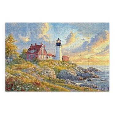 Imagem de Quebra-cabeça farol pôr do sol costeiro 500 peças adultos decoração de casa arte personalizada arte divertida jogo de quebra-cabeça presentes tecnológicos, 51 x 35 centímetros