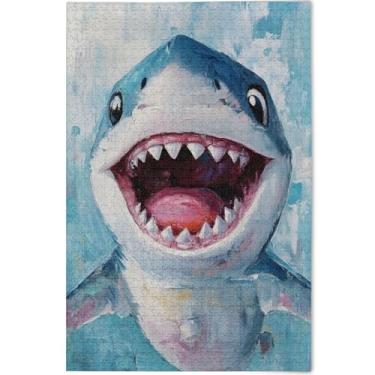 Imagem de Quebra-cabeças engraçados de tubarão com pintura de desenho animado personalizado, 500 peças para adultos, amigos, família, jogos, presentes, arte prime, decoração de animais, 52 x 37,8 cm