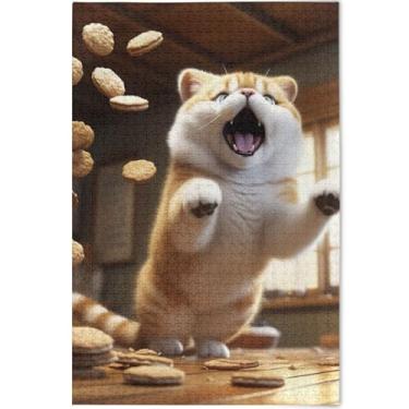 Imagem de Quebra-cabeça de cachorro pulando gato gordo personalizado para adultos 500 peças jogo de brinquedo arte paisagem cena quebra-cabeça jogo de presentes tecnológicos, 52 cm x 37,8 cm