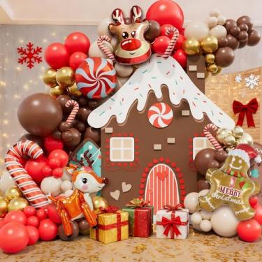 Imagem de Bonropin 173 peças de balões guirlandas de Natal conjunto de arco, marrom avermelhado, areia, ouro branco, balões com pão de gengibre, alce, veado, bengala doce, balão de folha para Natal, festa na