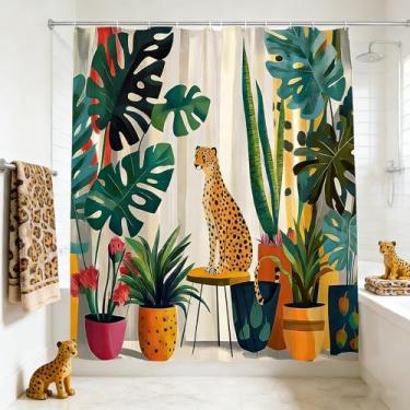 Imagem de JONSEQIN Cortina de chuveiro leopardo engraçado animal boho folhas de palmeira guepardo vida selvagem animal grande gato planta tropical estética minimalista arte moderna decoração de banheiro