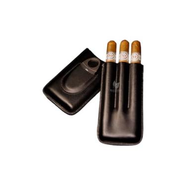 Imagem de Charuteira de Couro Preta com Cortador, Capacidade para 3 Charutos, Inclui Cortador de Charutos