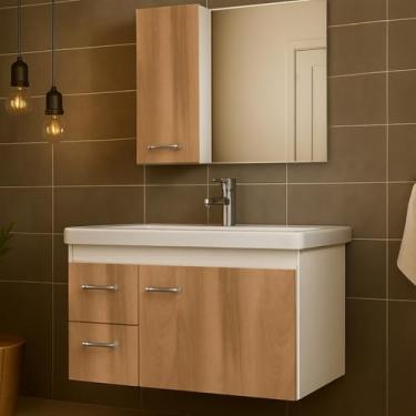 Imagem de Kit Gabinete de Banheiro 73cm – Com Cuba e Espelho, Armário Quality Organizador para Higiene e Cosméticos Doméstico (Branco/Freijó)