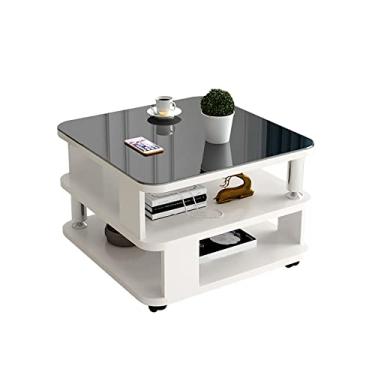 Imagem de U5GAAALPPQ9 Mesa quadrada pequena para sala de estar, mesa de centro de vidro temperado, sala de estar e quarto, rack de armazenamento com rolos essenciais para casa (branco)