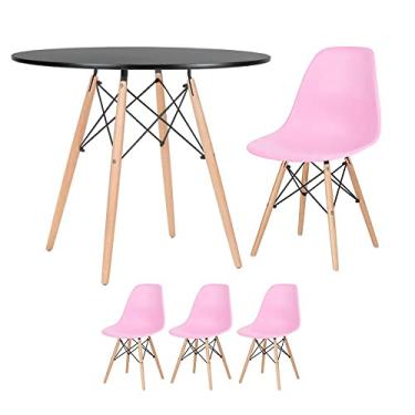Imagem de Loft7, Mesa redonda Eames 90 cm preto + 3 cadeiras Eiffel DSW Rosa claro