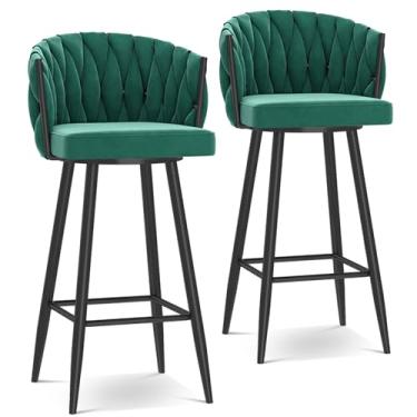 Imagem de Banquetas de bar giratórias modernas de 360°, cadeiras de cozinha estofadas de altura de bar com pernas de aço e apoio para os pés, perna verde e preta, 2 peças