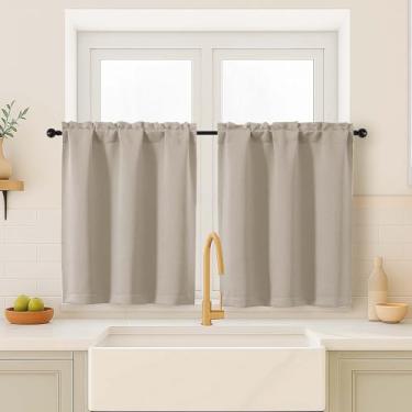 Imagem de OVZME Cortinas blackout para tratamento de janelas pequenas, cortinas curtas de janela de cozinha com bloqueio de luz sobre a pia, duas camadas de meia janela para porão de banheiro, 5 x 102 cm L x 91