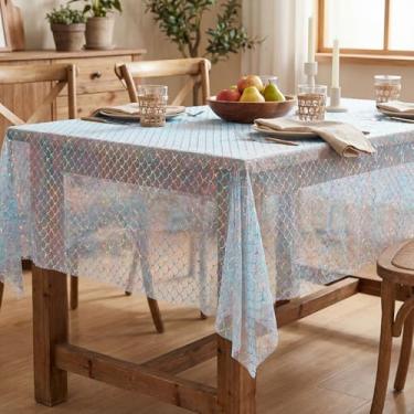 Imagem de Horaldaily Toalha de mesa de gaze de sereia colorida azul 152 x 251 cm, retangular, com glitter colorido, folha metálica de malha fina, gaze de tule de chiffon transparente para festa de casamento e