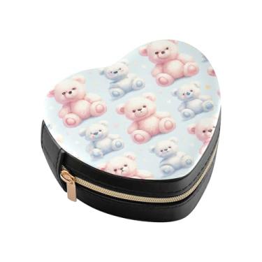 Imagem de Burbuja Caixa de joias em forma de coração de ursos mini estojo de joias de viagem para mulheres e meninas, estojo portátil organizador de armazenamento para brincos, anéis, colares e pulseiras