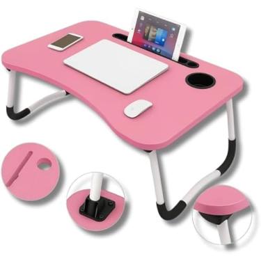 Imagem de Mesa Dobrável Portátil Para Notebook | Com Suporte Para Celular e Porta-Copos | Compacta, Leve e Ideal para Home Office e Estudos, Cama, Sofá e Escritório (Rosa) - Premium FT Store