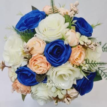 Imagem de Buquê de Noiva Artificial com Flores Coloridas para Casamento Civil ou Religioso(Botão azulescuro/Salmão/Branco)