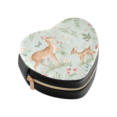 Imagem de Burbuja Caixa de joias em forma de coração fulvo da floresta mini estojo de joias de viagem para mulheres e meninas, estojo portátil organizador de armazenamento para brincos, anéis, colares e
