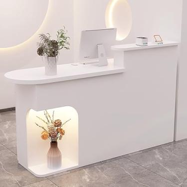 Imagem de Mesa de recepção iluminada com LED branco com gaveta e armário, mesa de balcão frontal moderna para loja, escritório, sala de recepção - 110 x 50 x 105 cm