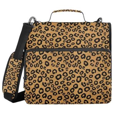 Imagem de SEHANY Fichário de zíper com estampa de leopardo com alça de ombro, capacidade para 500 folhas, vários bolsos, fichário com 3 anéis com zíper de 3 cm