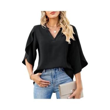 Imagem de Blusa Feminina De Verão Em Chiffon Com Decote V E Manga Sino Solta Cas
