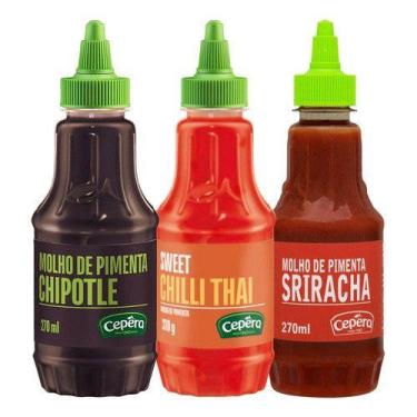 Imagem de Kit Com 3 Molhos de Pimenta Cepêra Chipotle Sriracha Chilli Thai