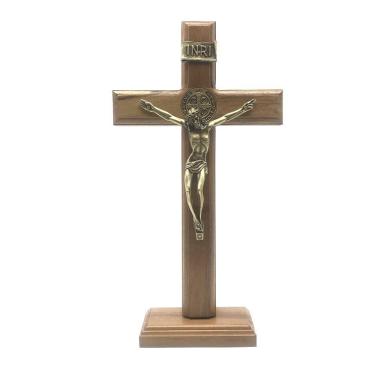 Imagem de Crucifixo de Mesa e Parede Madeira Metal São Bento Ouro Velho 26 Cm