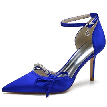 Imagem de Sandália feminina com tira no tornozelo bico fino strass cetim sapatos nó sapatos pingente salto, Azul, 6