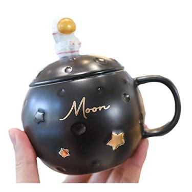 Imagem de Seelucky Caneca de Cerâmica de 400 ml Estilo Minimalista com Tampa de Colher Estrela, Astronauta Preto, Lua, Xícara de Chá ou Café, Presente para Casa ou Escritório