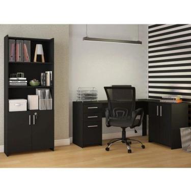 Imagem de Conjunto Home Office 2 Peças 1 Mesa em L  2 Gavetas 3 Portas 1 Armário 2 Portas 2 Prateleiras Espresso Móveis Preto Tx