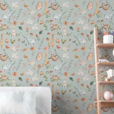 Imagem de Papel de Parede Auto Colante Aquarela verde Animais safari decorativo Quarto Menino 6m