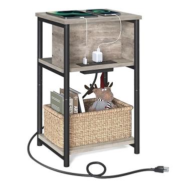 Imagem de VASAGLE Mesa Lateral de 3 Camadas com Estação de Carregamento, Mesa de Apoio, Mesa Telefone para Sala de Estar com 2 Tomadas AC e 2 Portas USB Criado-Mudo, Greige e Preto ULET373B02