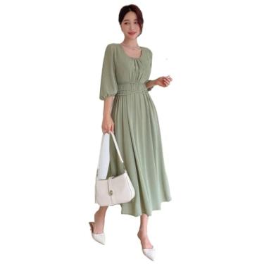Imagem de Camisa Feminina Solid Ruched Waist A-line Dress (Color : Green, Size : M)