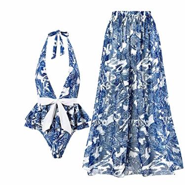 Imagem de Conjuntos de vestidos de verão femininos vestidos de verão para mulheres, conjuntos de biquíni de renda chiffon para praia, K-451 Azul royal, P