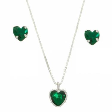 Imagem de Colar Prata 925 Feminino 45cm Pingente Coração Brinco Verde