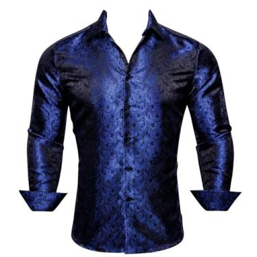 Imagem de Camisetas masculinas de designer azul liso cetim bordado Paisley flor manga longa slim fit blusas masculinas blusas casuais, 0624, PP