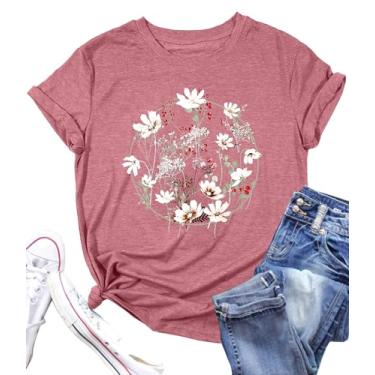 Imagem de Camiseta feminina com flores vintage: camiseta floral boho estampa flores silvestres camisetas manga curta casual tops, rosa, G