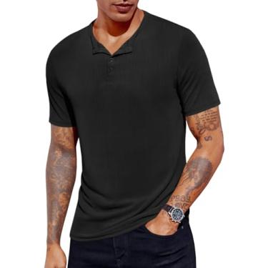 Imagem de Runcati Camiseta masculina manga curta Henley casual malha de algodão textura slim fit verão praia camisetas, Preto, M