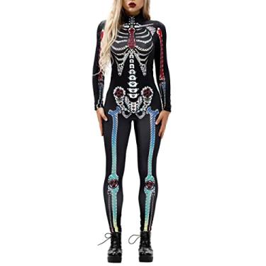 Imagem de Foksikely Womens Cool Skeleton Skull Stretch Halloween Costume Overall Jumpsuit Rompers Green L