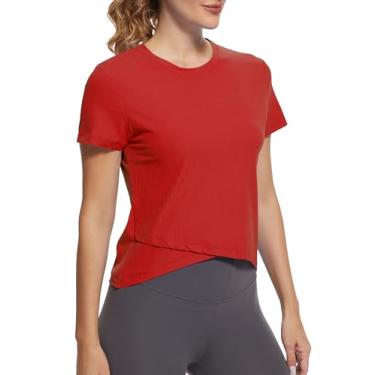 Imagem de MathCat Camisetas femininas de treino com bainha cruzada, manga curta, ioga, atlética, caneladas, sem costura, esportivas, respiráveis, Vermelho, P