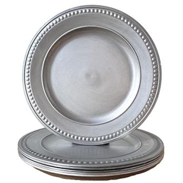 Imagem de Umisriro Pratos de carregamento antigos, 33 cm vintage para jantar de 33 cm e armazenamento de servidor redondo. Conjunto de 6 carregadores de plástico com contas para pratos de jantar, festa, casamento (prata)