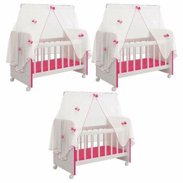 Imagem de Kit 3 Berços Para Boneca Brinquedo Infantil Branco Rosa