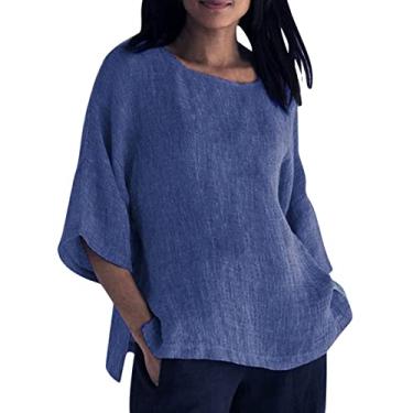 Imagem de Blusas femininas de algodão e linho casual verão manga 3/4 extragrande gola redonda blusas soltas, Azul, P
