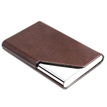 Imagem de Padike Porta-cartões de visita, estojo de couro atualizado para cartões de visita para homens ou mulheres, porta-cartões de visita fino de metal com bloqueio de RFID e fecho magnético (Z-Coffee)