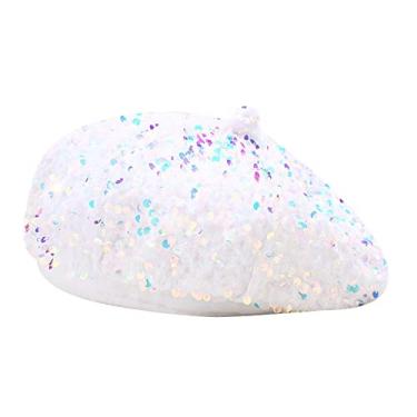 Imagem de Eilova Orityle Boina feminina com glitter, lantejoulas, estilo francês, gorro ajustável, moderno, brilhante, para meninas e mulheres, Branco, M