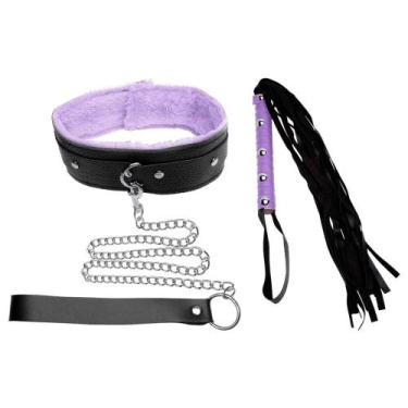 Imagem de Kit Coleira Guia Corrente Chicote Luxo Sexy Import, PRETO COM ROXO