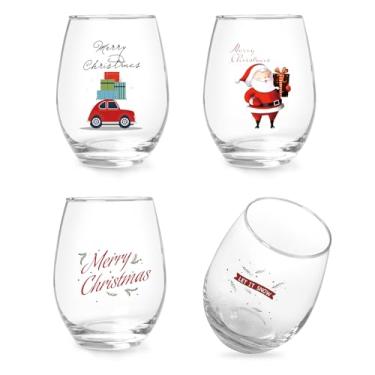 Imagem de Taça de vinho divertida com tema natalino, conjunto de 4 taças de vinho sem haste de Natal para decoração de festas de fim de ano, ideia maravilhosa de presentes de Natal para homens, mulheres, amigos