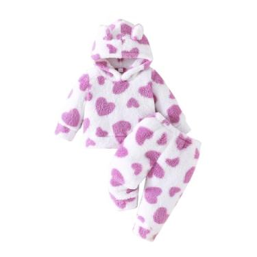 Imagem de Adokioths Conjunto de 2 peças de roupas quentes de inverno para bebês meninas, moletom com capuz e manga comprida, 2 peças, Roxa, 3-6 Meses