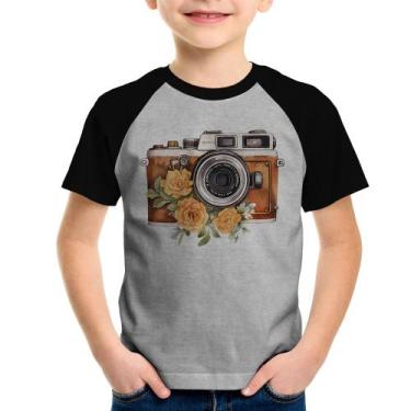 Imagem de Camiseta Raglan Infantil Máquina Fotográfica Vintage e Flores - Foca n