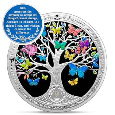 Imagem de Moeda vintage de sobriedade de 9 meses - Árvore da Vida de Recuperação Moedas AA - Chips e Medalhões AA Borboleta Colorida - 1-10 Prime NA HA AA Living Clean Narcóticos Alcoólicos Anônimos Presentes